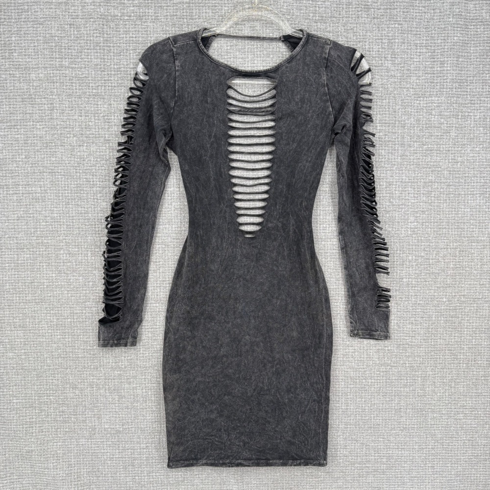 Y2K Punk Rave Moto Shredded Distressed Bodycon Dress Womens S Stretch Goth
